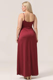 Burgundy Plus Size Spaghetti Straps Long Bridesmaid Dress with Split Front