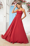 Burgundy A-Line Spaghetti Straps Chiffon Long Bridesmaid Dress