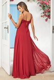 Burgundy A-Line Spaghetti Straps Chiffon Long Bridesmaid Dress