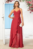 Burgundy A Line Spaghetti Straps  Chiffon Long Wedding Party Dress with Ruffles