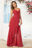 Burgundy A Line Spaghetti Straps  Chiffon Long Wedding Party Dress with Ruffles