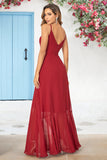 Burgundy A Line Spaghetti Straps  Chiffon Long Wedding Party Dress with Ruffles