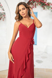 Burgundy A Line Spaghetti Straps  Chiffon Long Wedding Party Dress with Ruffles