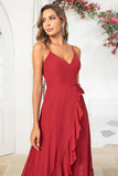 Burgundy A Line Spaghetti Straps  Chiffon Long Wedding Party Dress with Ruffles