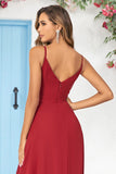 Burgundy A Line Spaghetti Straps  Chiffon Long Wedding Party Dress with Ruffles