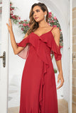 Burgundy Asymmetrical Cold Shoulder Long Bridesmaid Dress with Ruffles