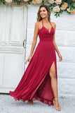 Burgundy A-Line Halter Chiffon Long Bridesmaid Dress with Slit