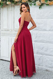 Burgundy A-Line Halter Chiffon Long Bridesmaid Dress with Slit