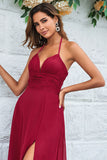 Burgundy A-Line Halter Chiffon Long Bridesmaid Dress with Slit