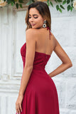 Burgundy A-Line Halter Chiffon Long Bridesmaid Dress with Slit