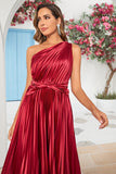 Burgundy Asymmetrical One Shoulder Long Bridesmaid Dress