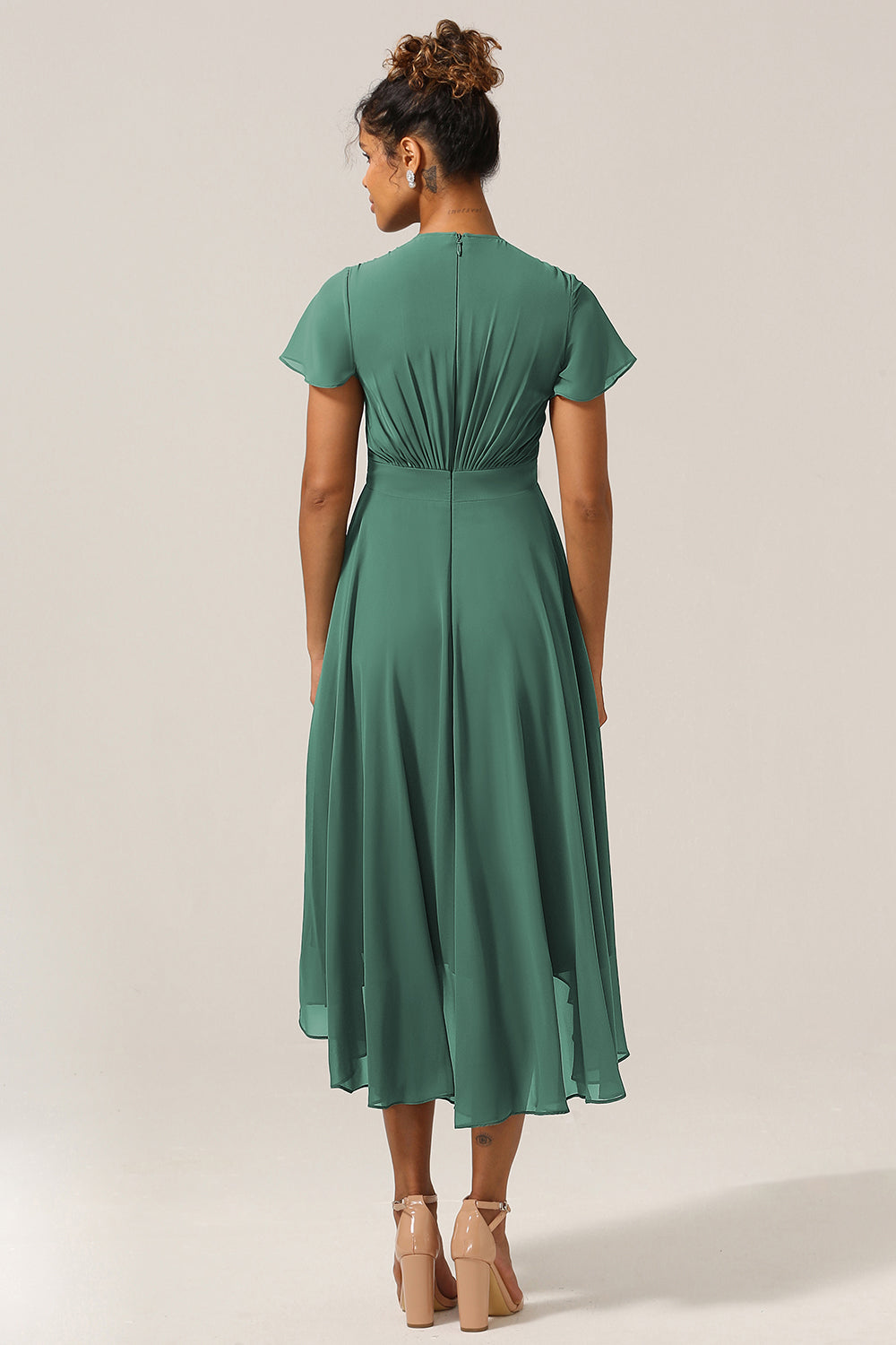 A Line V-Neck Short Sleeves Eucalyptus Bridesmaid Dress With Bow