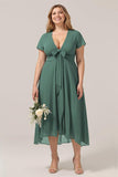 A Line V-Neck Short Sleeves Eucalyptus Plus Size Bridesmaid Dress With Bow