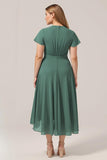 A Line V-Neck Short Sleeves Eucalyptus Plus Size Bridesmaid Dress With Bow
