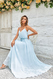 Sky Blue A-Line Spaghetti Straps Floor Length Chiffon Bridesmaid Dress
