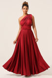 Burgundy A-Line Convertible Ruched Long Bridesmaid Dress