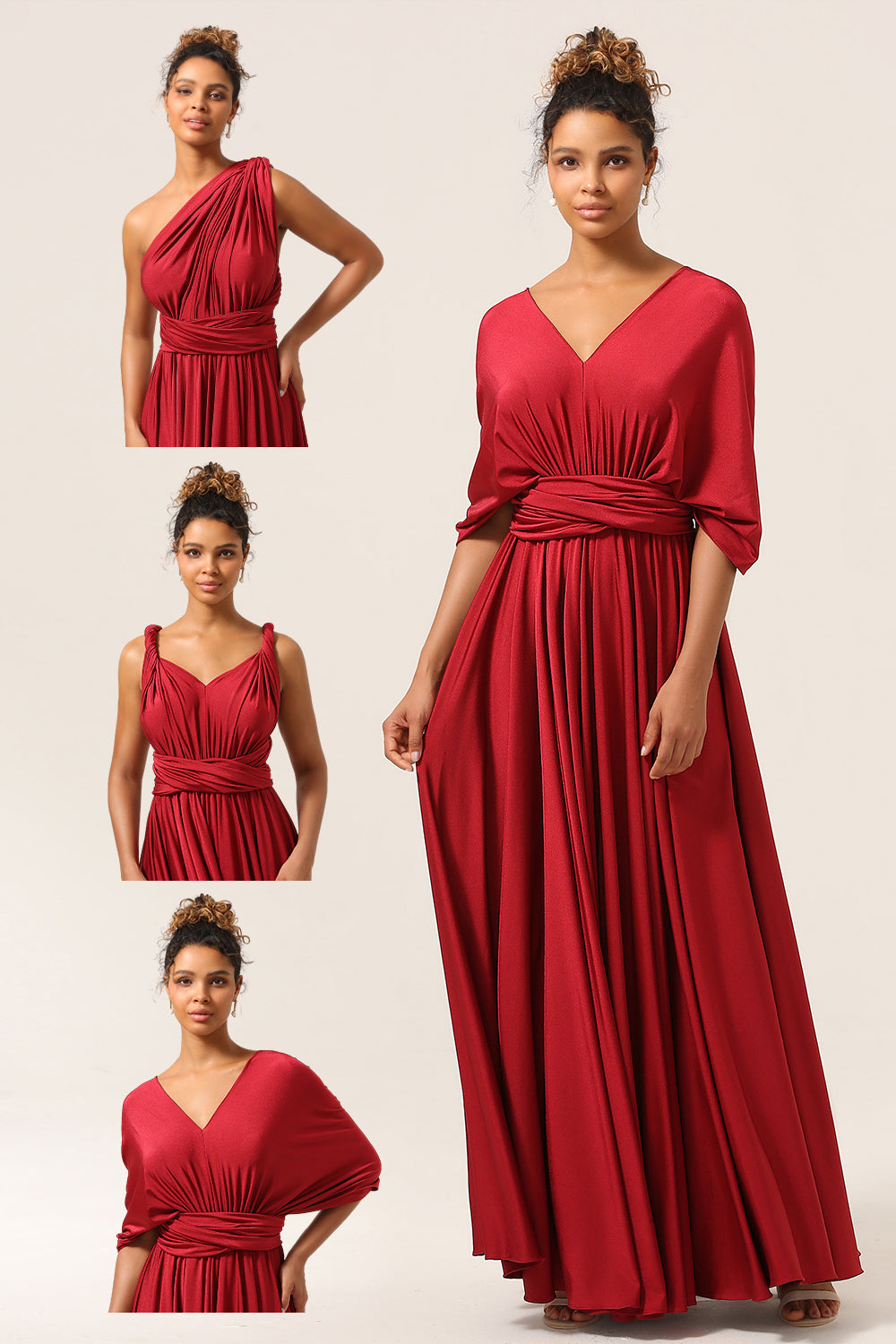 Burgundy A-Line Convertible Ruched Long Bridesmaid Dress