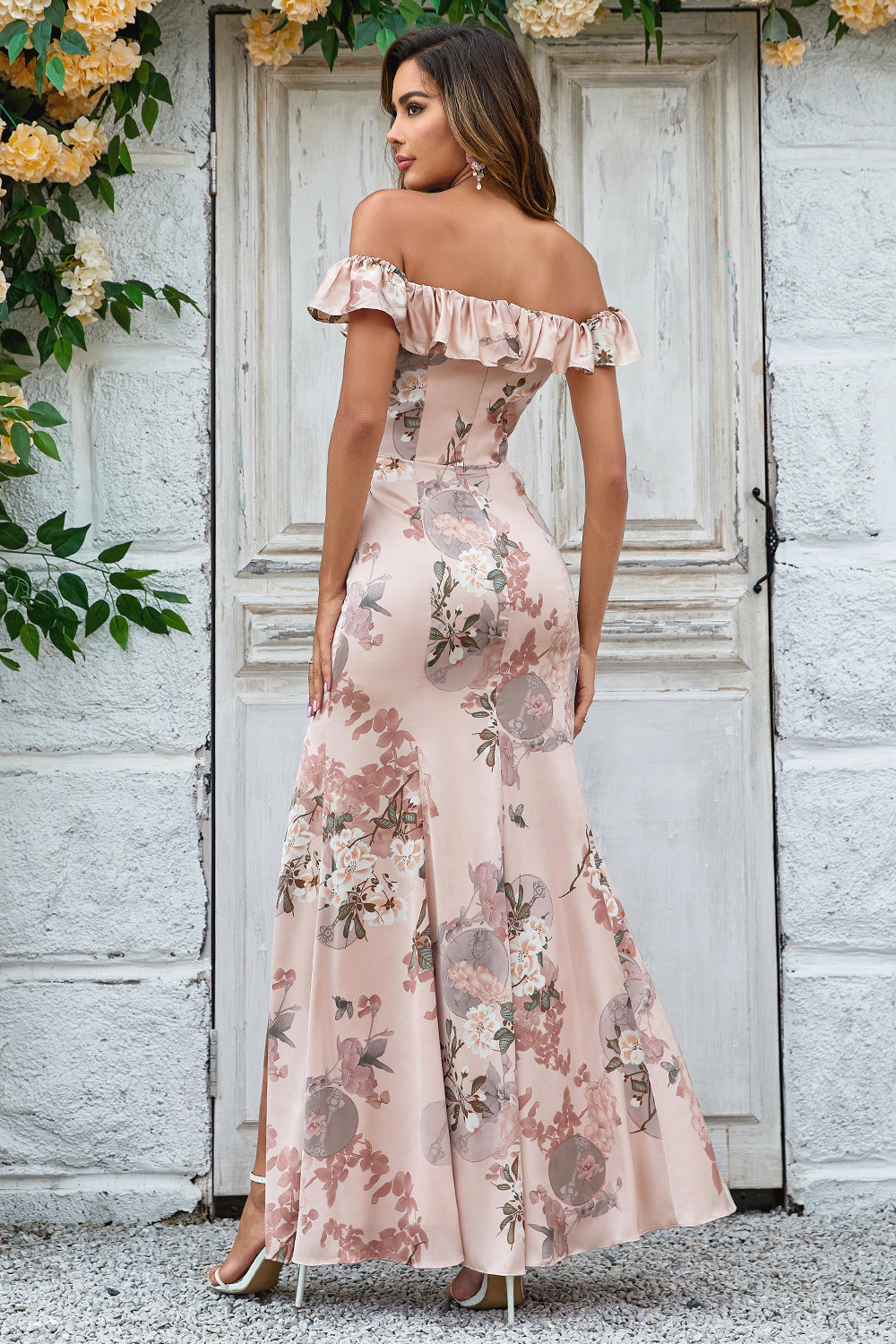 Wedtrend Women Blush Flower Bridesmaid Dress with Slit Mermaid Off The Shoulder Long Wedding Guest Dress WEDTREND Wedtrend Women Blush Flower Bridesmaid Dress with Slit Mermaid Off The Shoulder Long Wedding Guest Dress WEDTREND