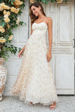 Champagne A-Line Sweetheart Flower Floor Length Wedding Party Dress