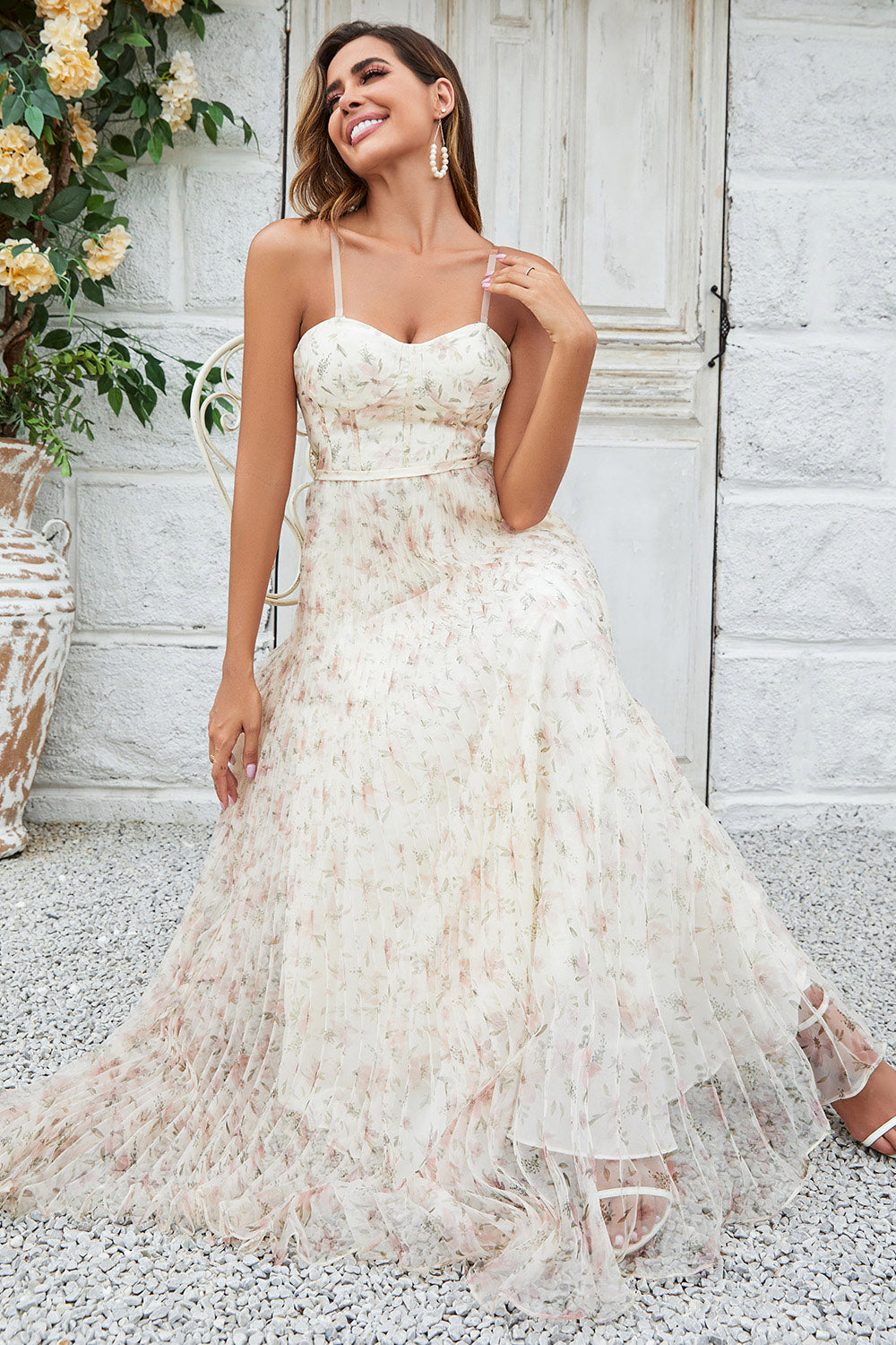 Champagne A-Line Sweetheart Flower Floor Length Wedding Party Dress