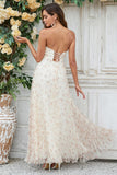 Champagne A-Line Sweetheart Flower Floor Length Wedding Party Dress