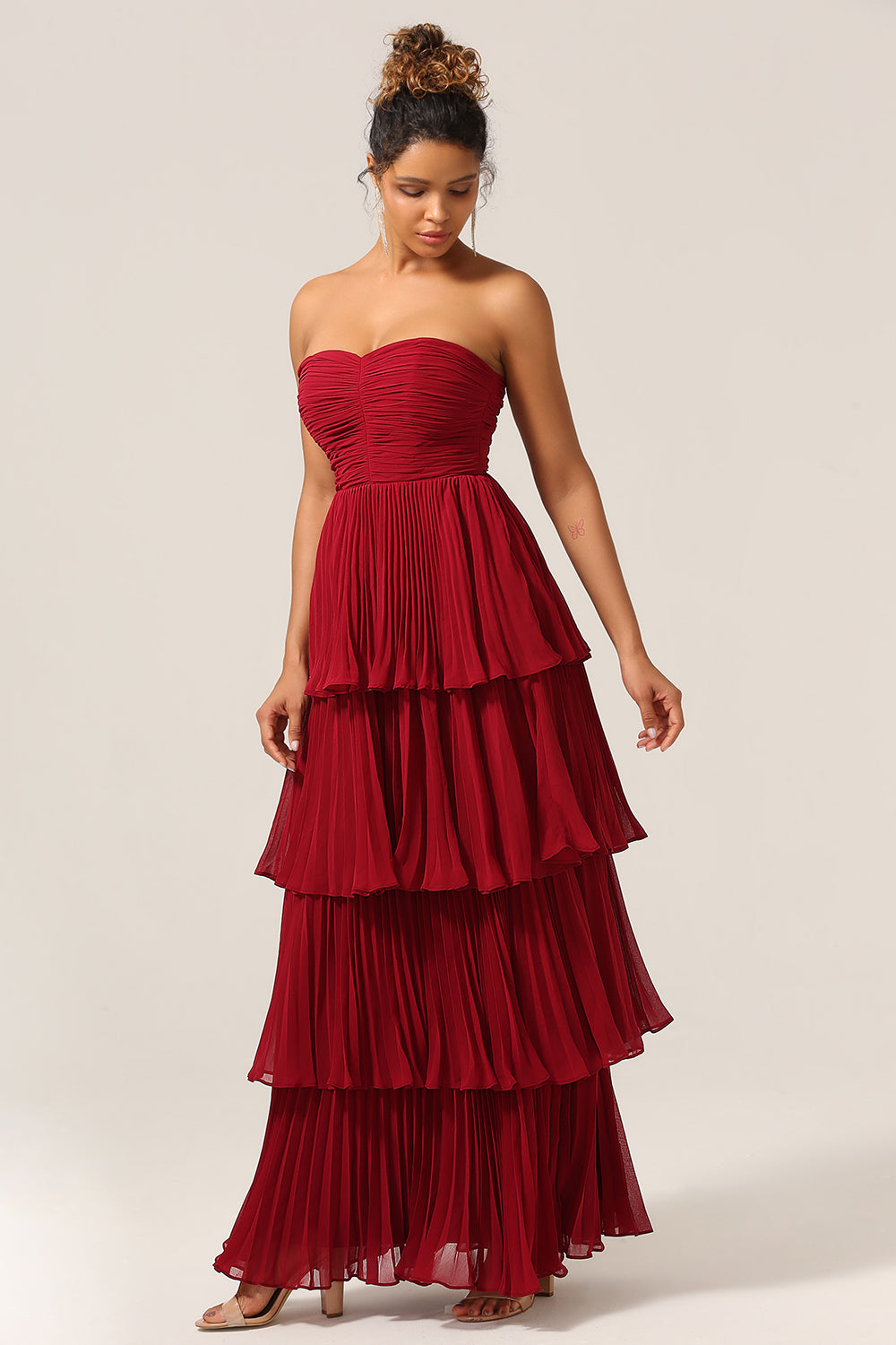 Burgundy A-Line Sweetheart Tiered Floor Length Chiffon Bridesmaid Dress