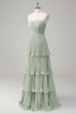 Dusty Sage A-Line Sweetheart Tiered Chiffon Floor Length Dress