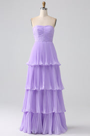 Lilac A-Line Sweetheart Tiered Chiffon Floor Length Dress