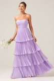 A-Line Sweetheart Tiered Floor Length Chiffon Lilac Bridesmaid Dress