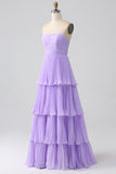 Lilac A-Line Sweetheart Tiered Floor Length Chiffon Bridesmaid Dress