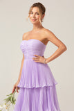 A-Line Sweetheart Tiered Floor Length Chiffon Lilac Bridesmaid Dress