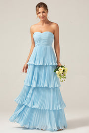 A-Line Sweetheart Tiered Long Chiffon Sky Blue Bridesmaid Dress
