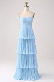 Sky Blue A-Line Sweetheart Tiered Floor Length Chiffon Bridesmaid Dress