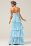 A-Line Sweetheart Tiered Floor Length Chiffon Sky Blue Bridesmaid Dress