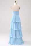 Sky Blue A-Line Sweetheart Tiered Floor Length Chiffon Bridesmaid Dress