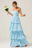 A-Line Sweetheart Tiered Floor Length Chiffon Sky Blue Bridesmaid Dress