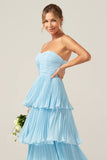 A-Line Sweetheart Tiered Floor Length Chiffon Sky Blue Bridesmaid Dress