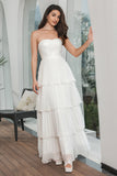 A-Line Strapless Tiered Long Chiffon White Dress