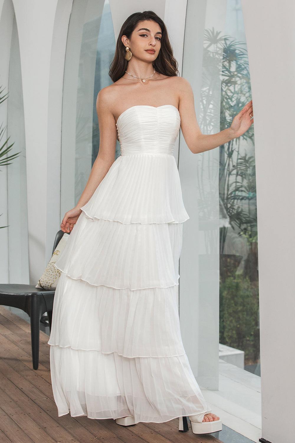 Wedtrend Women Strapless White Maxi Dress Tiered Long Chiffon A-Line Graduation Dress, White / US20W