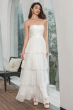 A-Line Strapless Tiered Long Chiffon White Dress