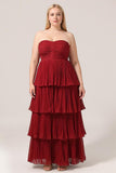Burgundy A-Line Tiered Sweetheart Chiffon Plus Size Bridesmaid Dress