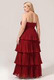 Burgundy A-Line Tiered Sweetheart Chiffon Plus Size Bridesmaid Dress