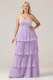 A-Line Sweetheart Tiered Floor Length Chiffon Plus Size Lilac Bridesmaid Dress