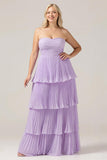 A-Line Sweetheart Tiered Floor Length Chiffon Plus Size Lilac Bridesmaid Dress