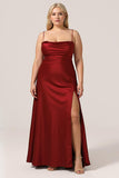 Burgundy A-Line Spaghetti Straps Satin Plus Size Bridesmaid Dress