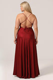 Burgundy A-Line Spaghetti Straps Satin Plus Size Bridesmaid Dress