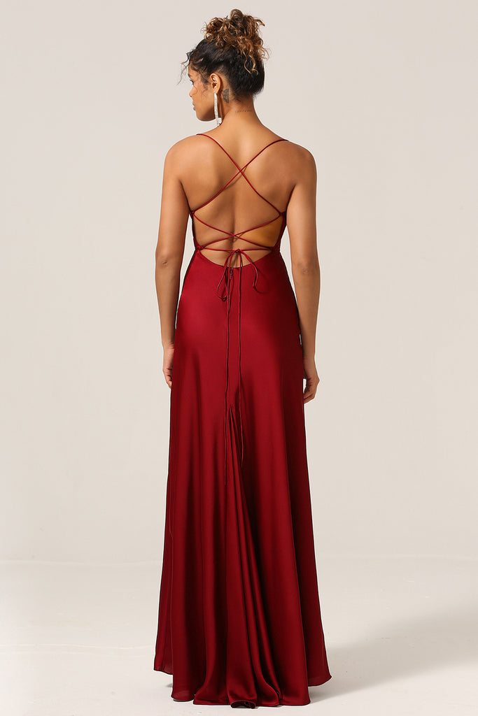 Elegant Burgundy Spaghetti Straps Satin A Line Long Party Dress Formal Wedding Guest Dress SP1493
