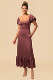 Burgundy Sheath Square Neck Tea-Length Satin Bridesmaid Dress with Ruffles