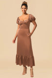 Burgundy Sheath Square Neck Tea-Length Satin Bridesmaid Dress with Ruffles