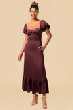 Burgundy Sheath Square Neck Tea-Length Satin Bridesmaid Dress with Ruffles